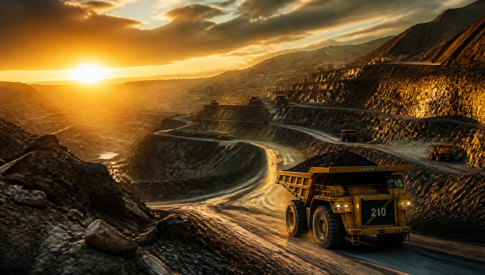 Open-pit gold mining operation at golden hour